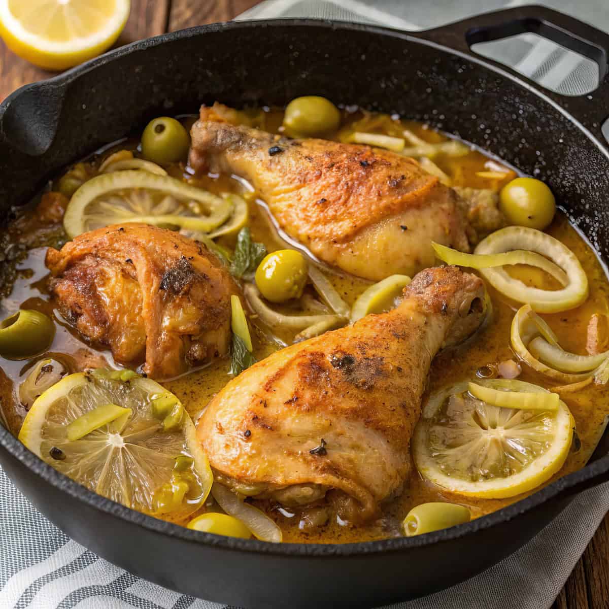 Poulet Yassa — poulet mariné au citron, oignons et olives